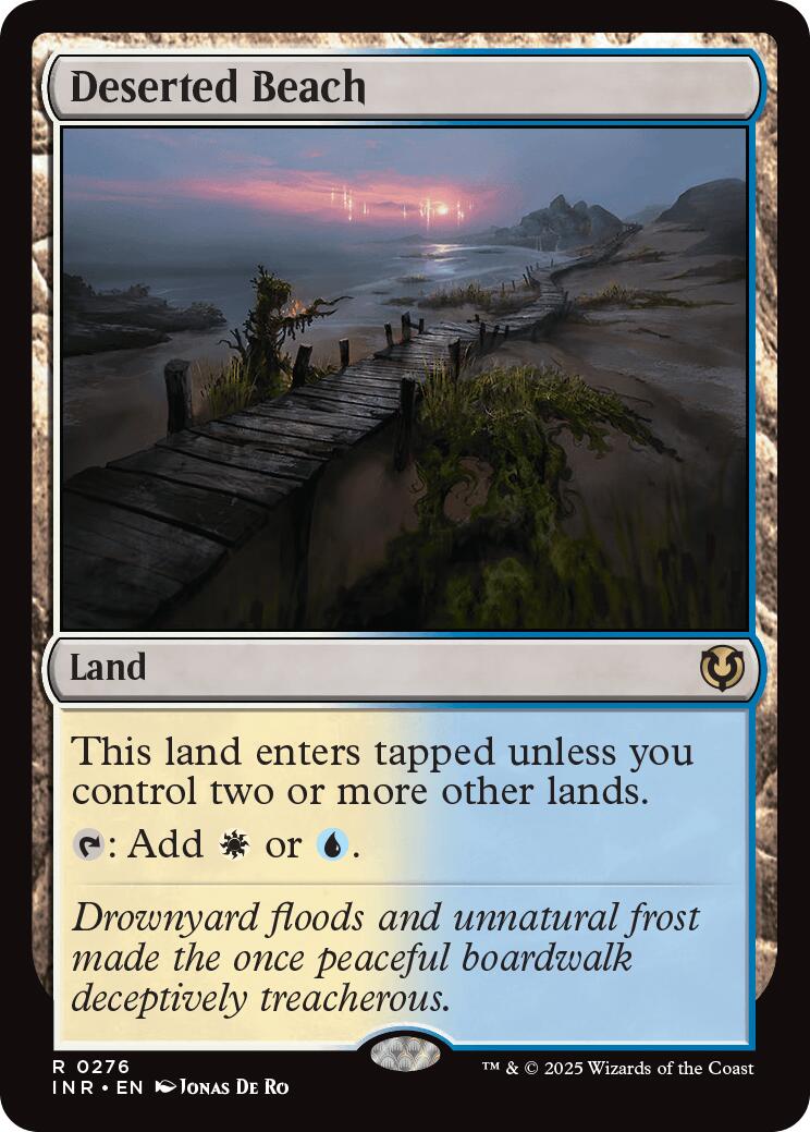Deserted Beach [INR-276] Magic card, enters tapped, features a weathered boardwalk to a misty shore with cliffs at sunset.