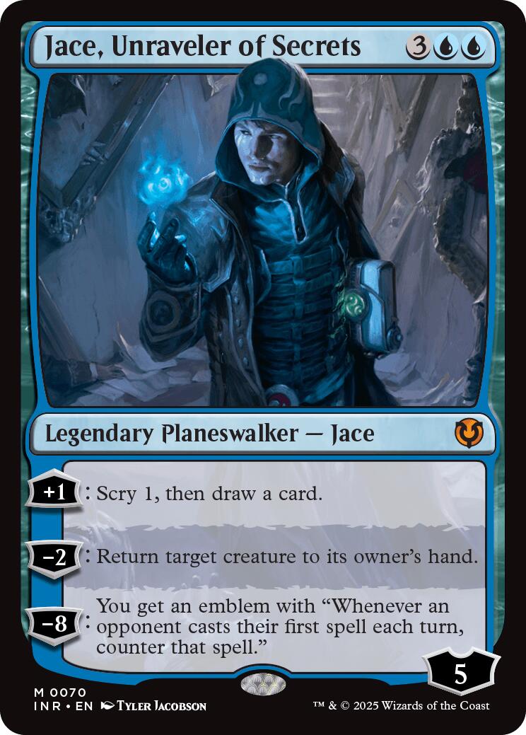 Jace, Unraveler of Secrets [INR - 70] card with stats and text visible below the character illustration.