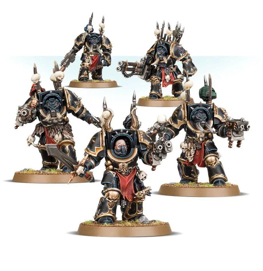 Five Chaos Space Marines Chaos Terminators in dark armor with gold trim for Warhammer 40k.