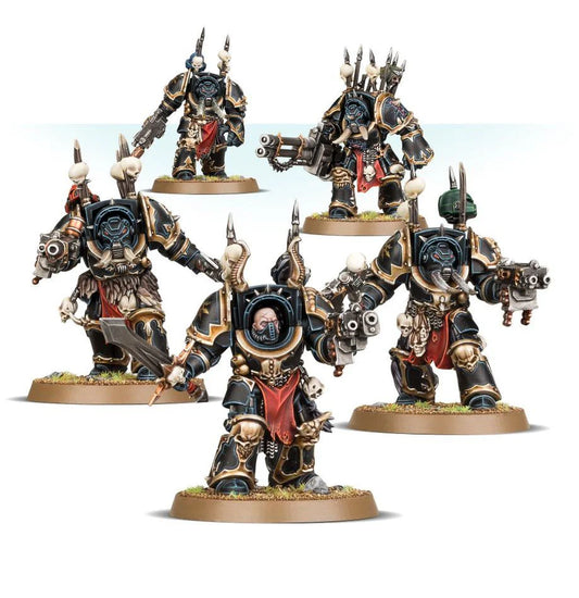 Five Chaos Space Marines Chaos Terminators in dark armor with gold trim for Warhammer 40k.
