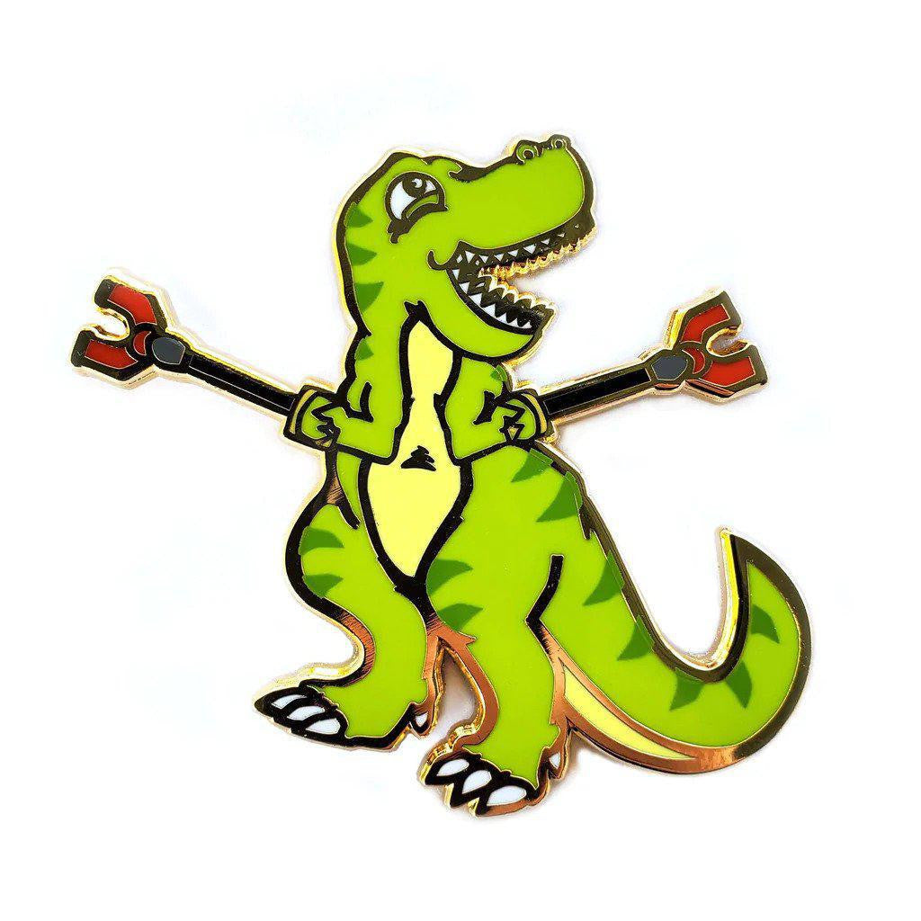 Kolorspun Pins Unstoppable T-Rex Pin: orange cartoon dinosaur holding grabber tools in both arms on a white background.