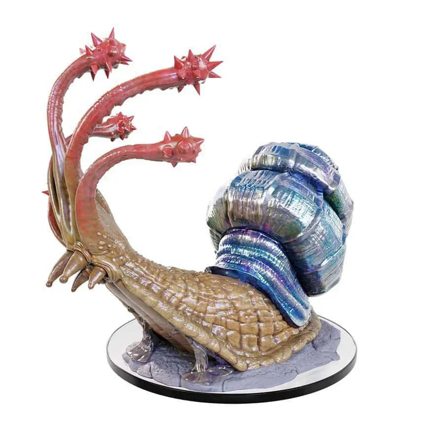 Dungeons & Dragons Nolzurs Flail Snail mini with blue iridescent shell and five red spiked eyestalks.
