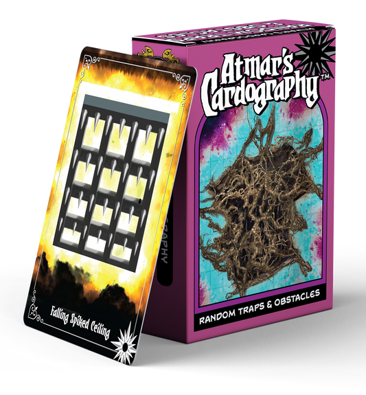 Cardography: Dangerous Traps & Obstacles box with Falling Spiked Ceiling obstacle card in front.