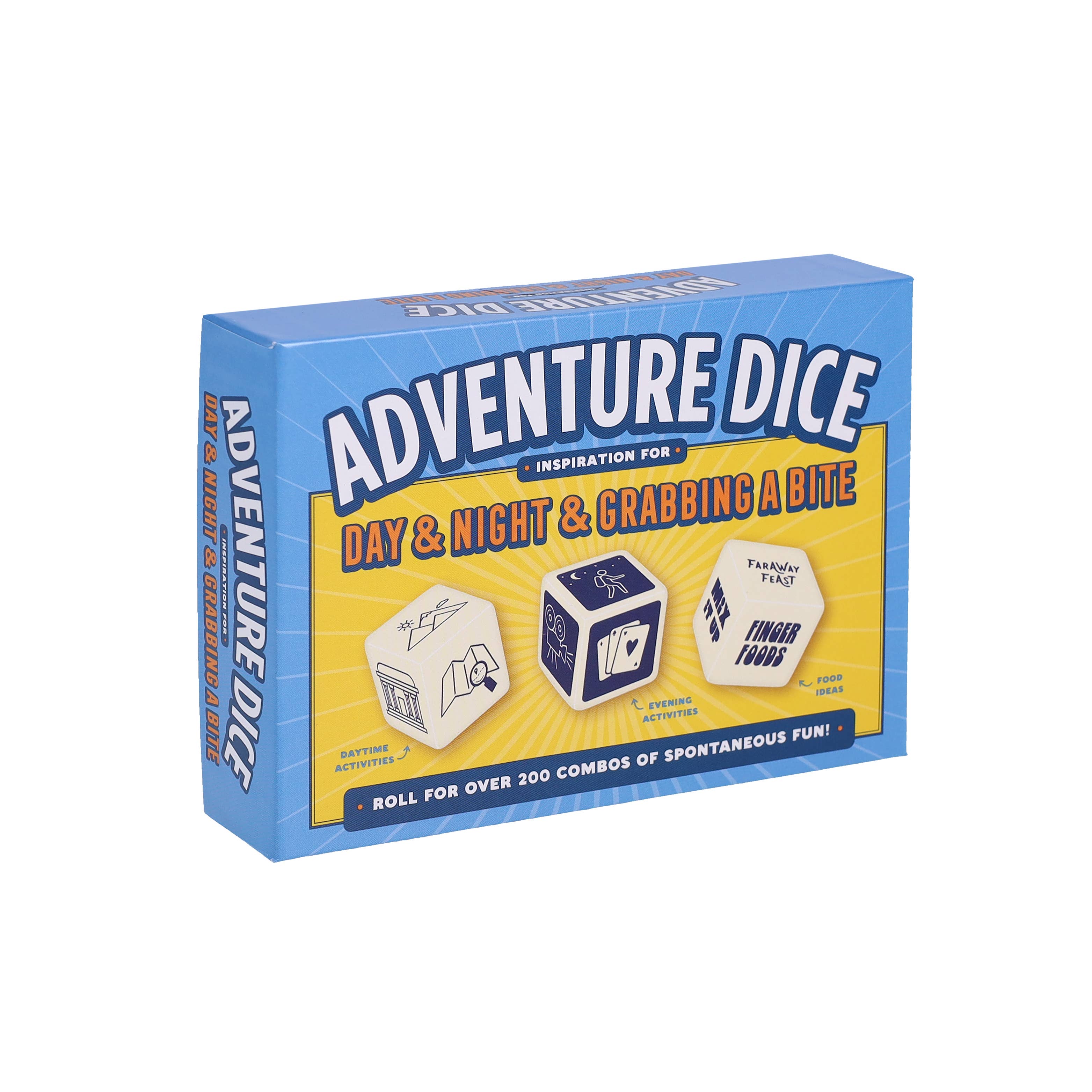 Adventure Dice game set with box and three illustrated dice.