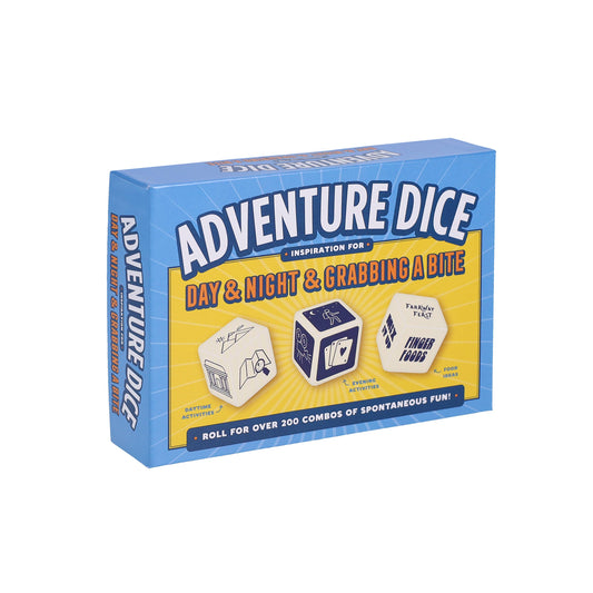 Adventure Dice game set with box and three illustrated dice.