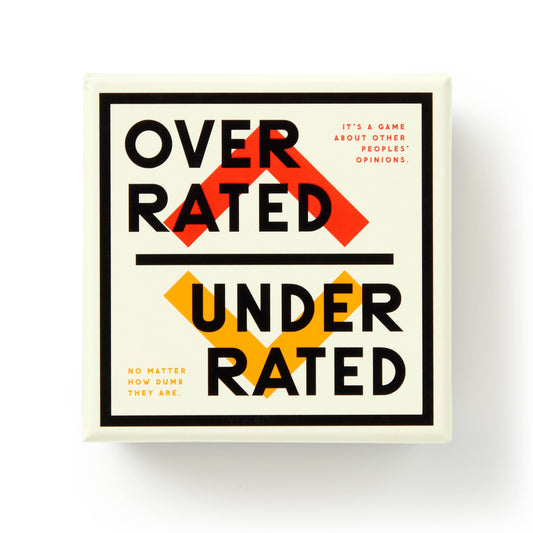 Overrated / Underrated Social Game square box with bold text and geometric shapes on the packaging.