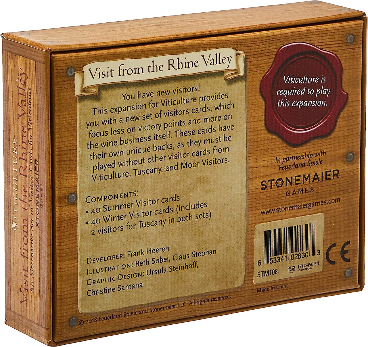 Back of the Visit from the Rhine Valley Viticulture Expansion box with wine business details and visitor cards shown.