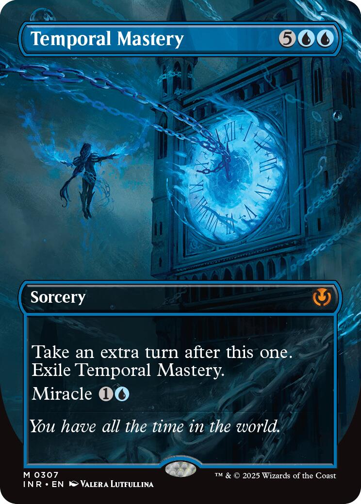 Temporal Mastery (Borderless) [INR-307] card showing a robed figure with blue magic and gears near a glowing clock tower.