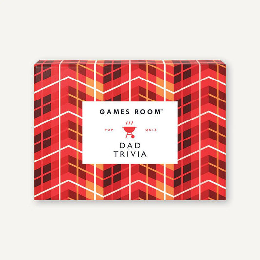 Dad Trivia family trivia game for dads in a red box with geometric pattern and grill icon.