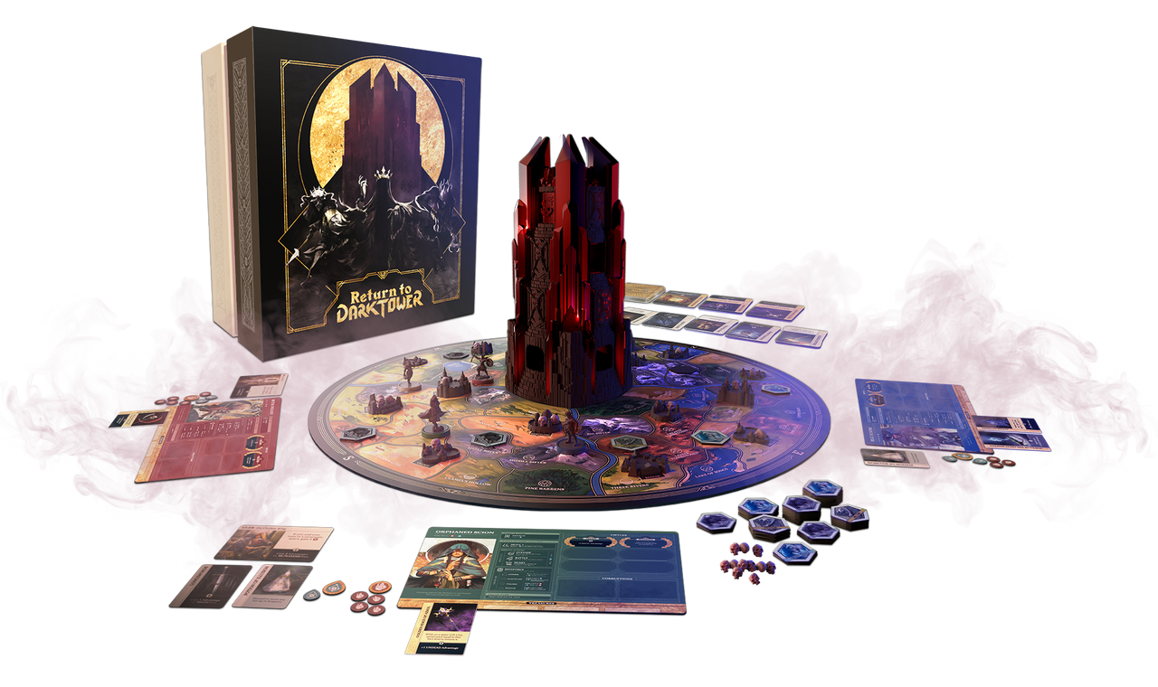 Return to Dark Tower board game with central tower, cards, tokens, and circular cooperative game board.