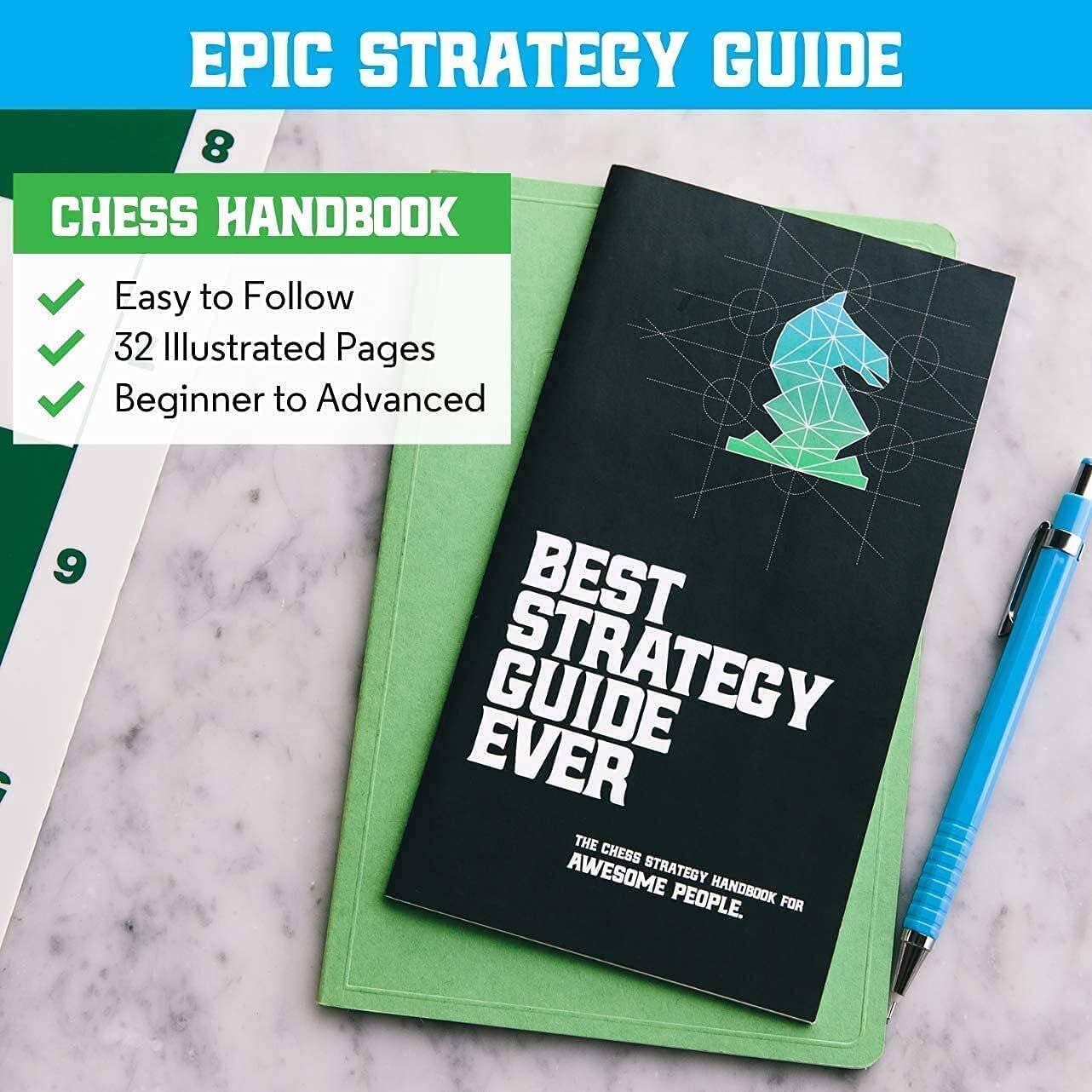 The Best Chess Set Ever 3x Tournament Set with double-sided board, notebook, and pen on a desk.