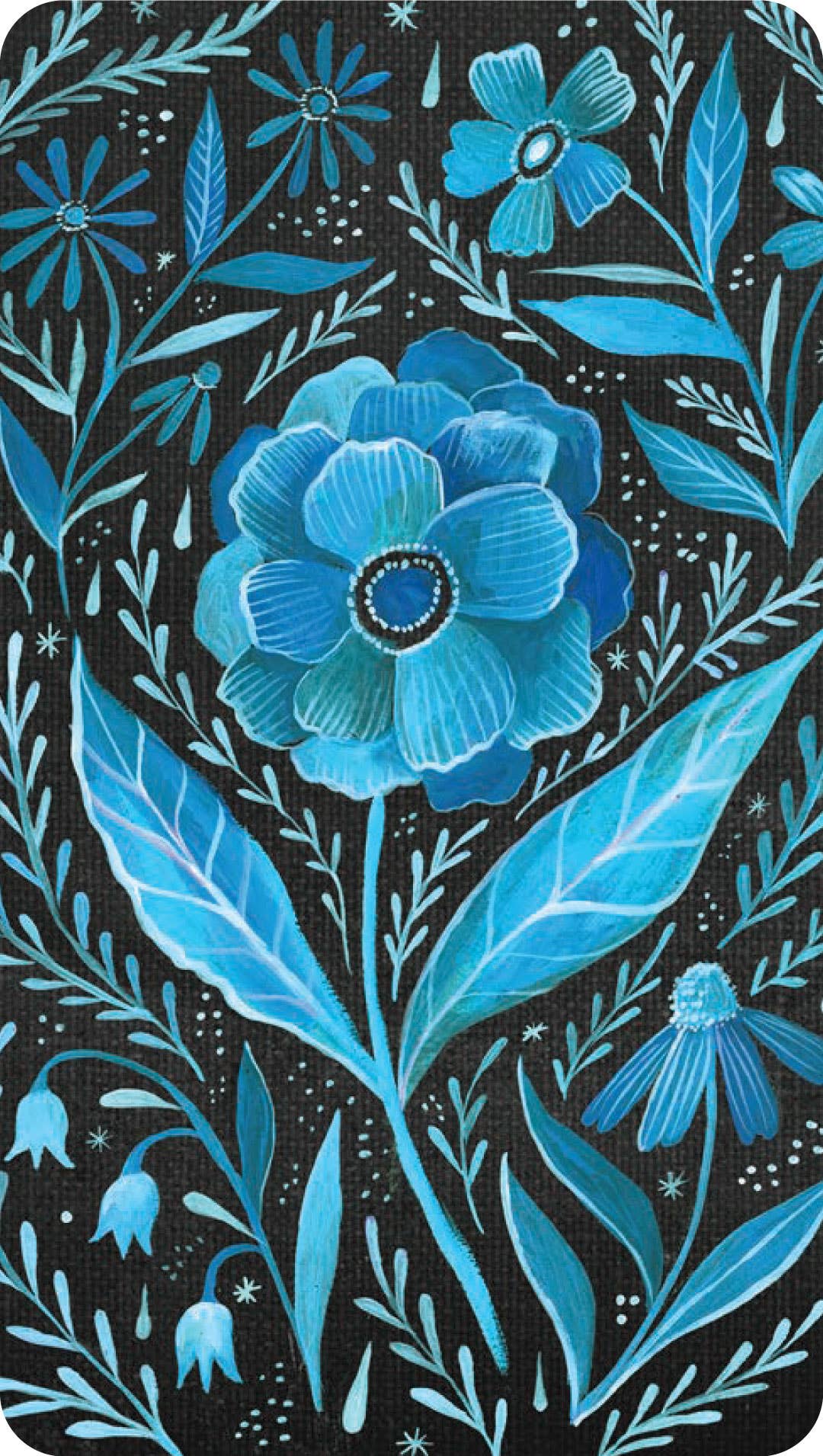 How to Be a Moonflower Deck with blue flowers and leaves on a black background.