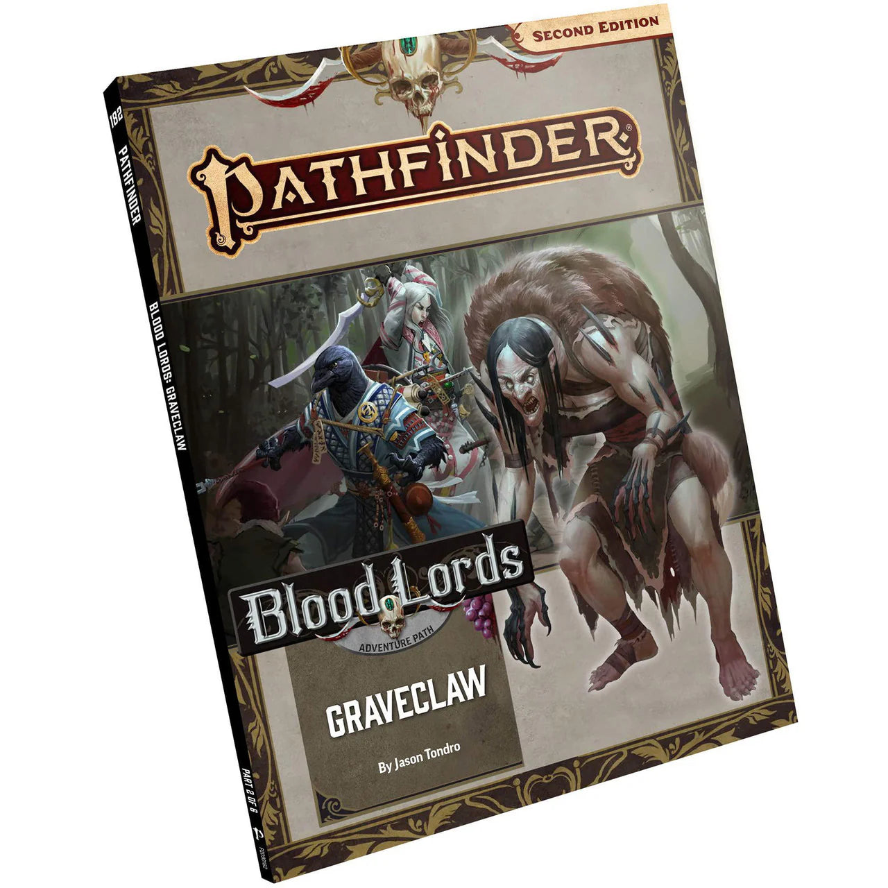 Pathfinder 2E Adventure Path: Graveclaw (Blood Lords 2/6) cover showing armored heroes fighting a monstrous creature.