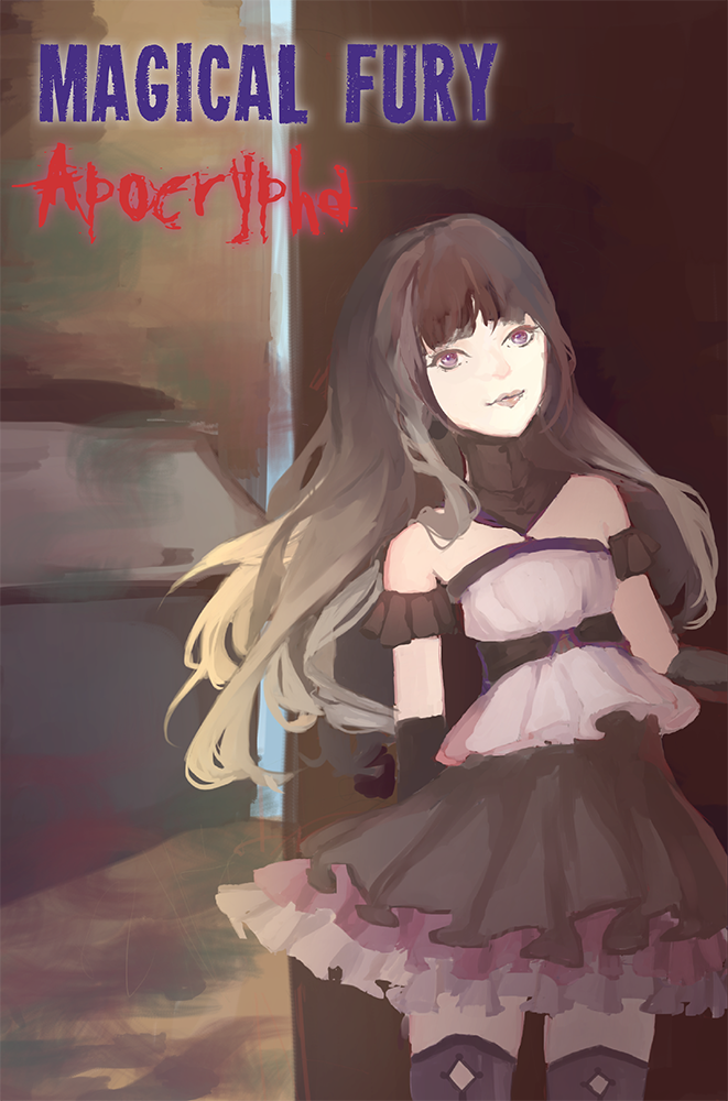 Magical Fury Apocrypha magical girl RPG with anime-style girl in frilly dress and bright title above.