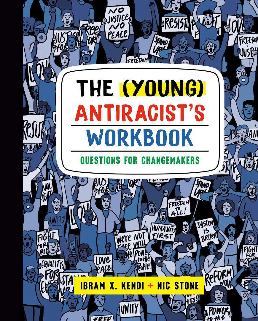 The (Young) Antiracists Workbook book cover with an illustrated crowd holding signs for justice and equality.