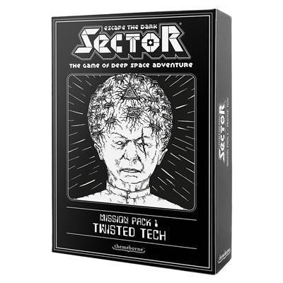 Mission Pack 1 - Twisted Tech Expansion for Escape the Dark Sector, box cover with head and triangle symbol.