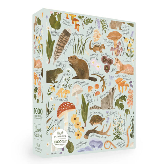 Flora & Fauna Puzzle, 1000 pieces, features illustrated animals, mushrooms, and plants with handwritten labels.