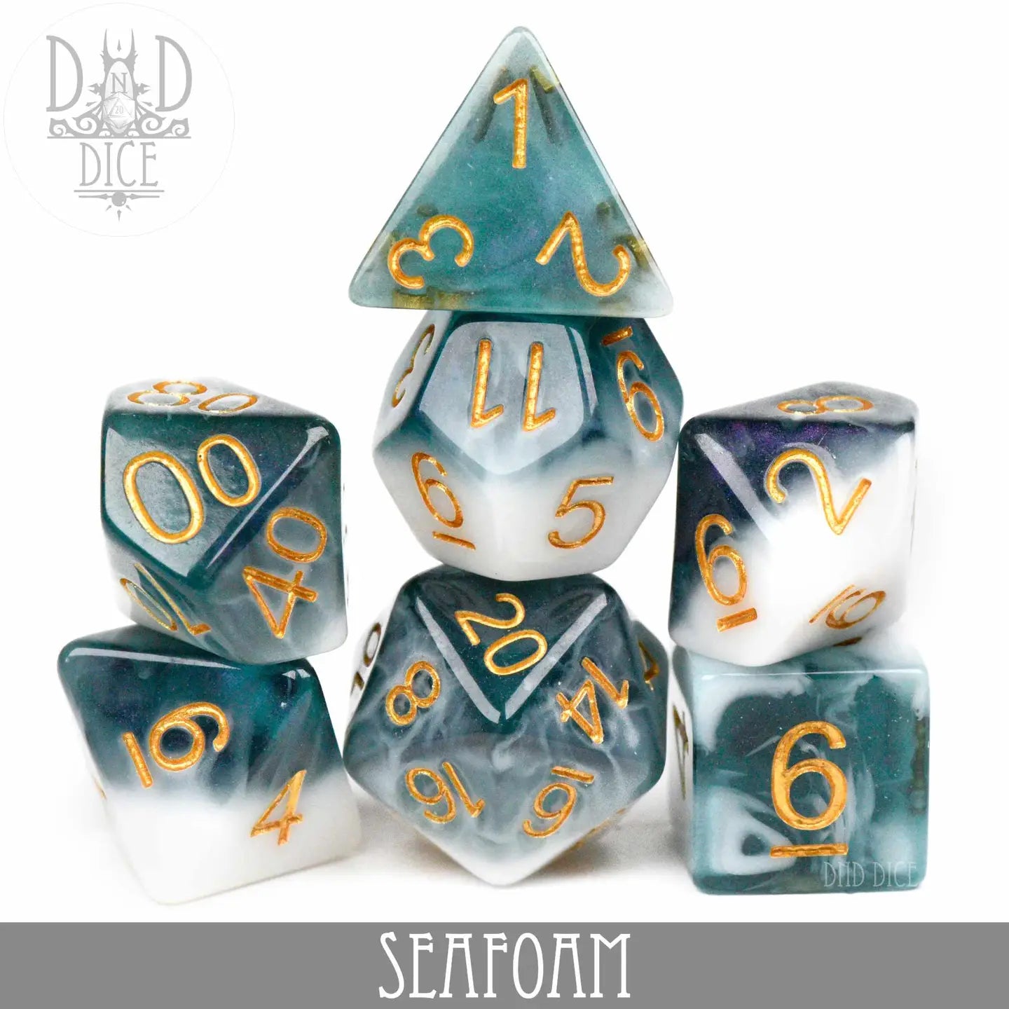 Seafoam Dice Set with blue-green and white polyhedral dice, each numbered in gold.