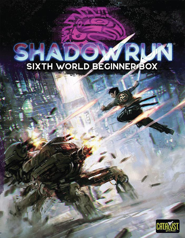 Shadowrun Sixth World Beginner Box Roleplaying Game box with artwork of a woman leaping at a robot in an urban setting.
