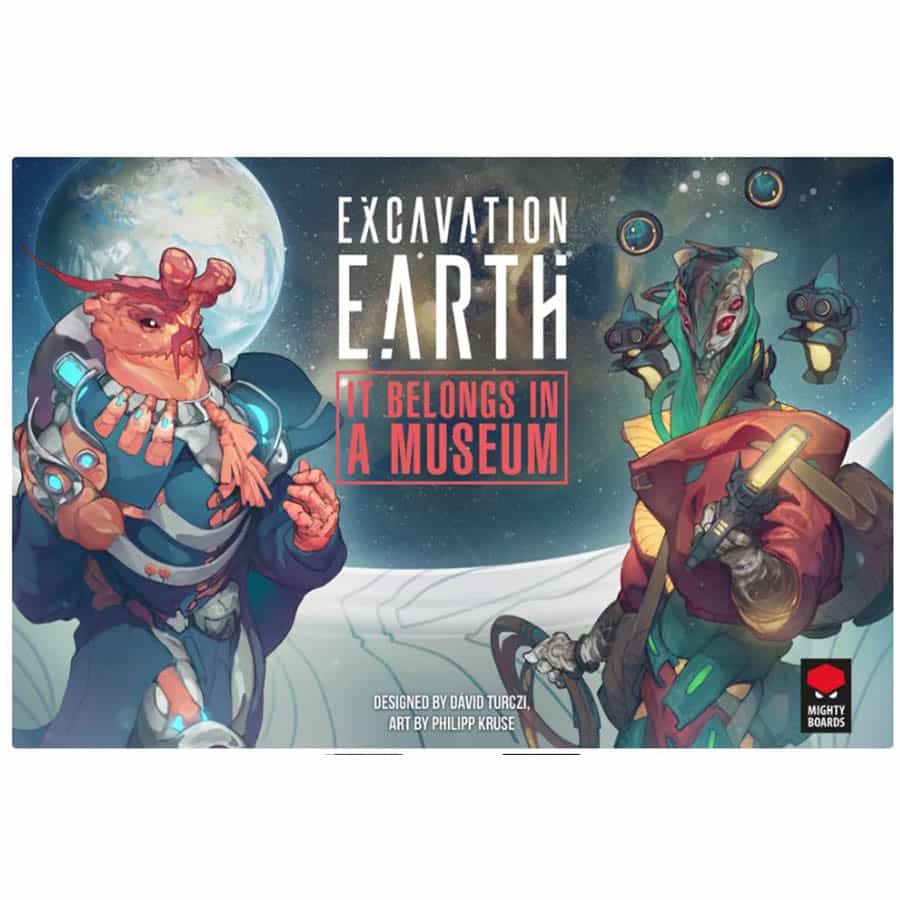 Excavation Earth: It Belongs in a Museum board game expansion packaging with two alien figures in space suits.