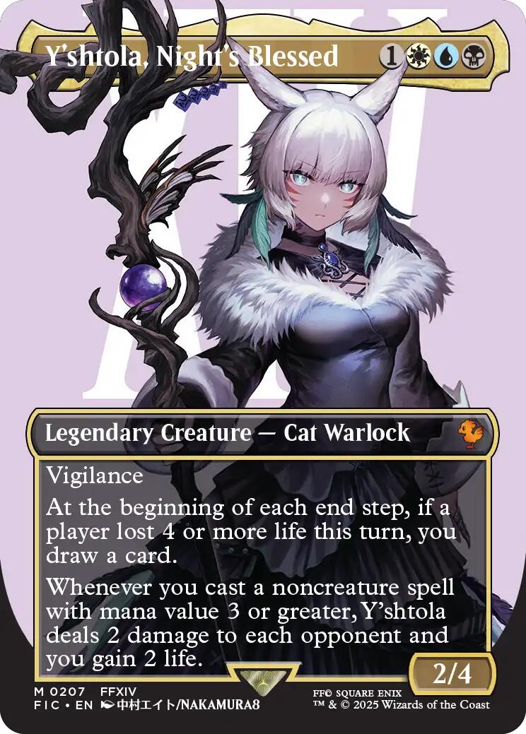 Yshtola, Nights Blessed (Borderless) [FIC-207] trading card showing a pale-haired Cat Warlock with glowing staff.