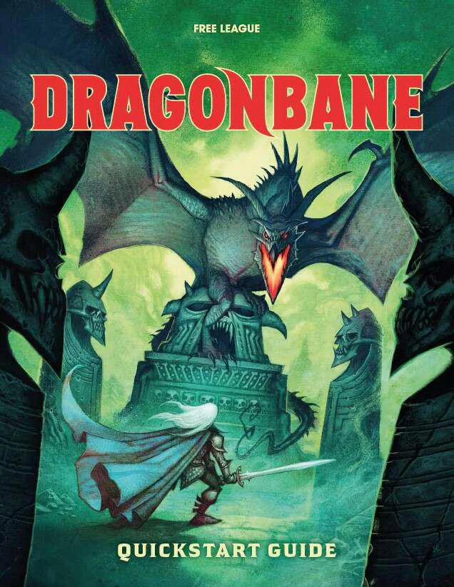 Dragonbane RPG Quickstart cover featuring a knight confronting a dragon on a stone throne under green light.