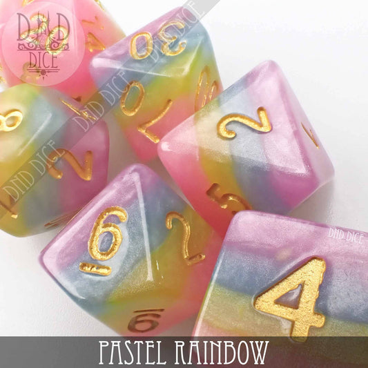 Pastel Rainbow 7-dice resin set with gold numbers for DnD and tabletop games.