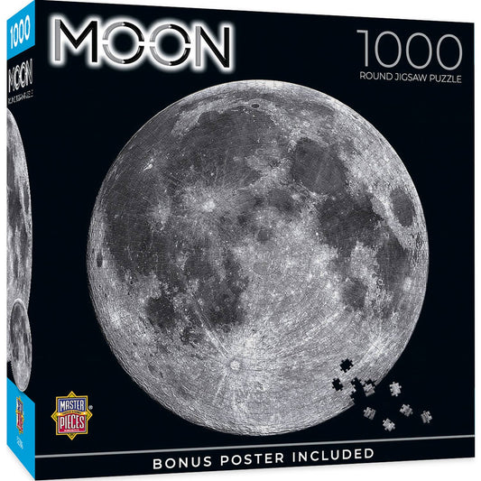 The Moon 1000 Piece Round Puzzle showing Earth’s Moon at night, includes bonus poster.