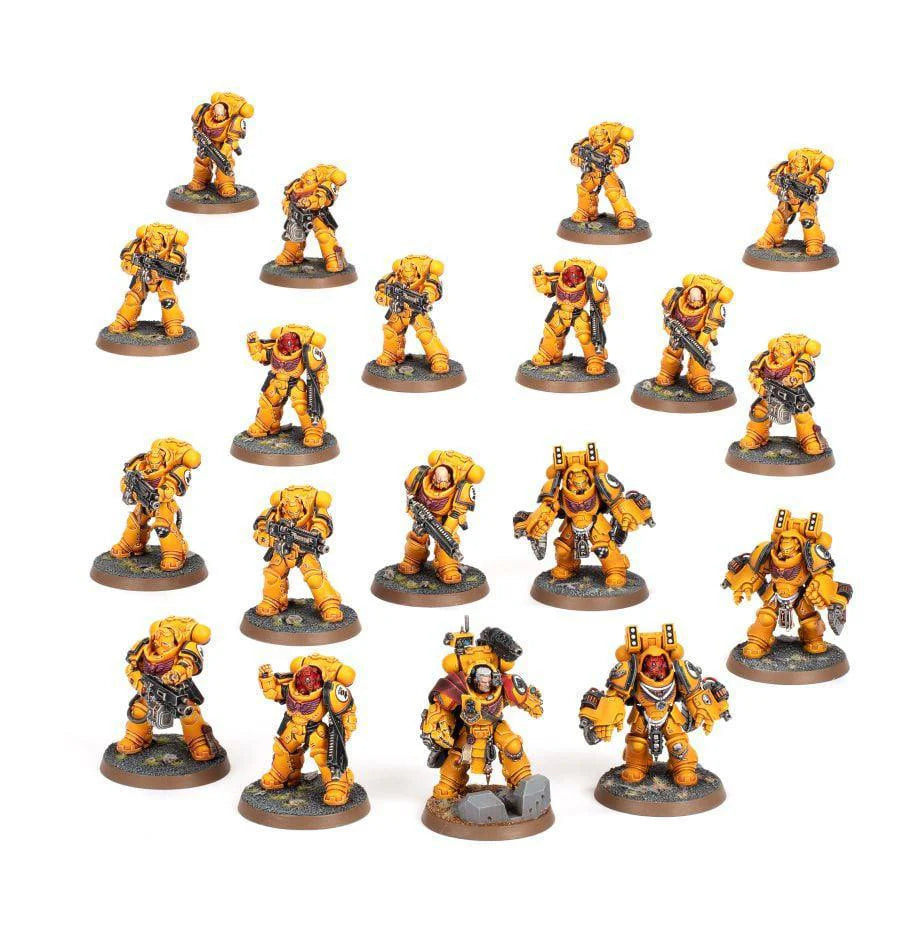 Eighteen Imperial Fists Bastion Strike Force Gravis-armoured models on round bases.