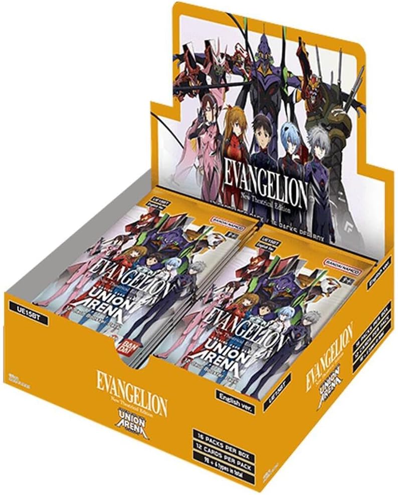 Union Arena Evangelion New Theatrical Edition Booster Display with character and mecha cards featuring serial numbers.