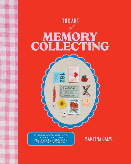 The Art of Memory Collecting book cover with keepsakes and a pink checkered border on the left.