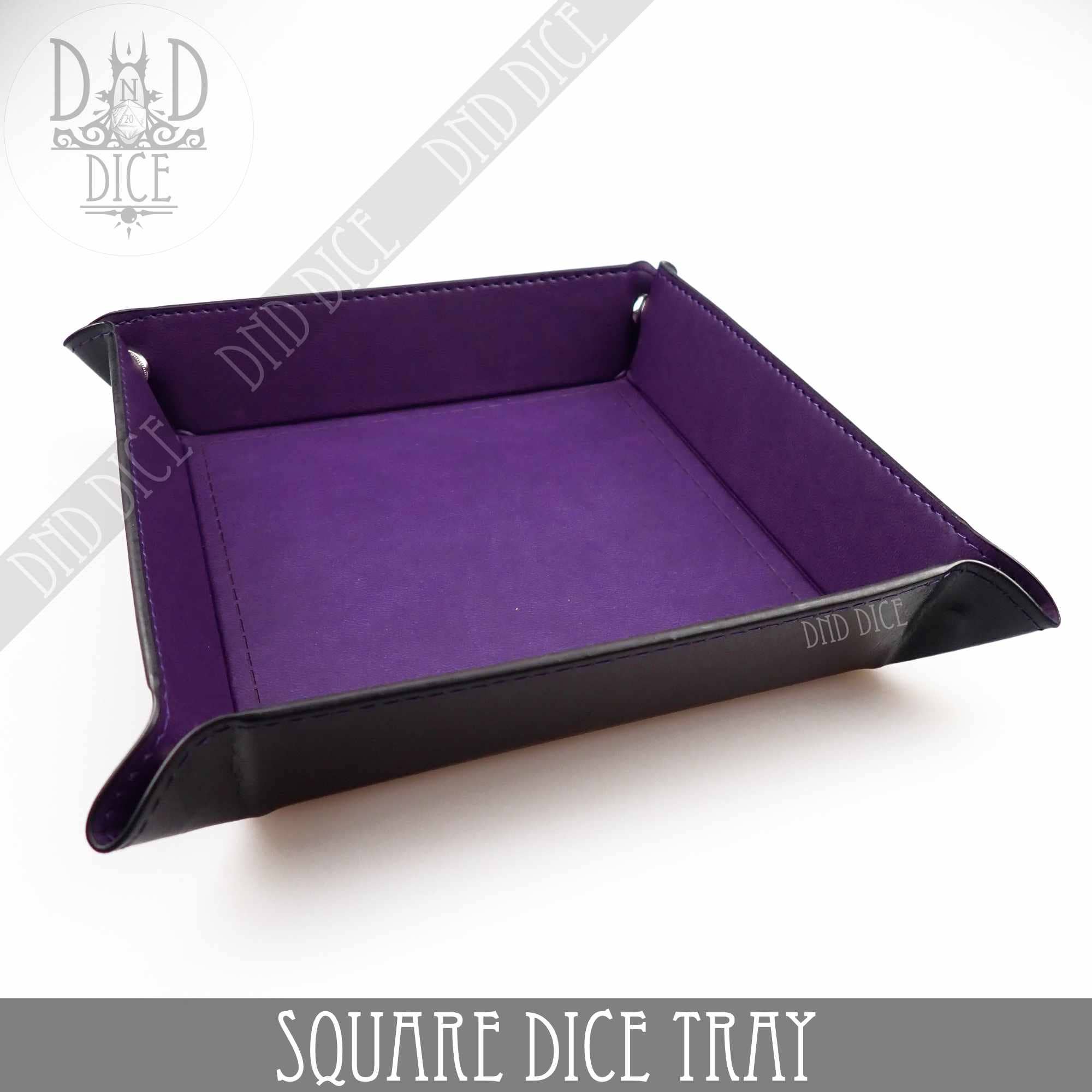 Purple and black artificial leather square dice tray with DND Dice branding, 8.5x8.5 rolling area.