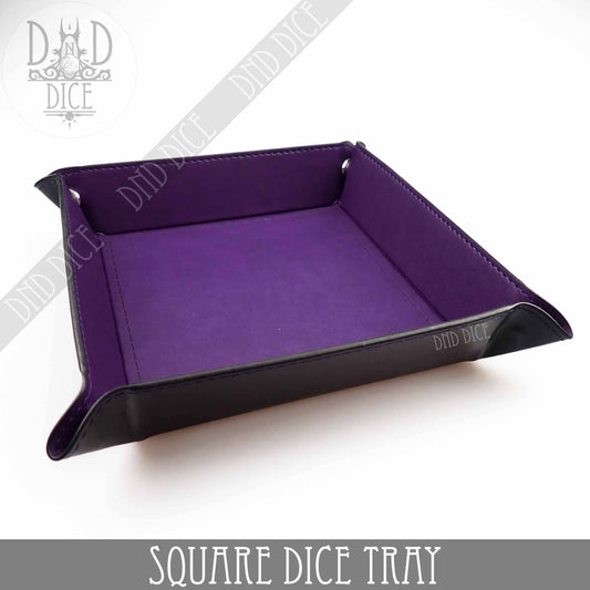 Purple and black artificial leather square dice tray with DND Dice branding, 8.5x8.5 rolling area.