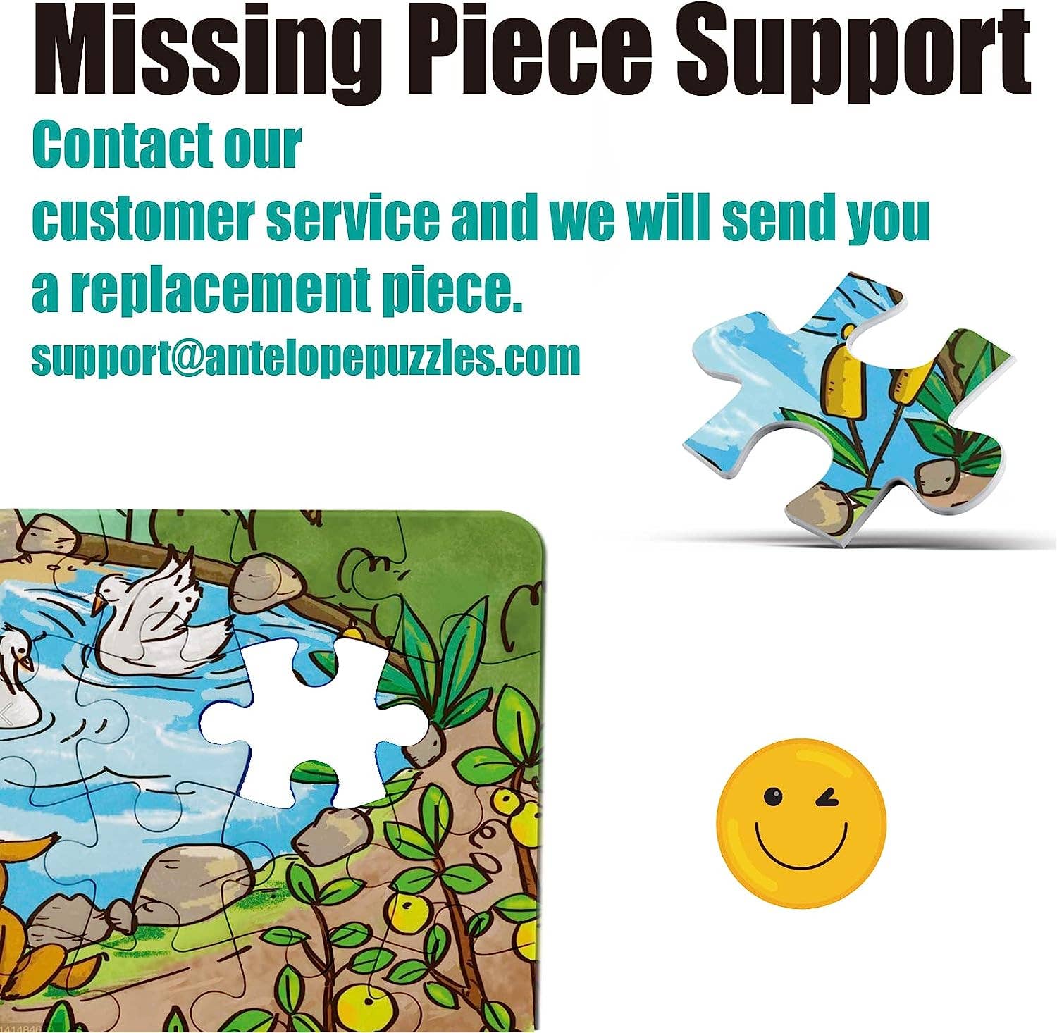 Dog Park Leisure Time 1000 Piece Puzzle with missing piece replacement information.