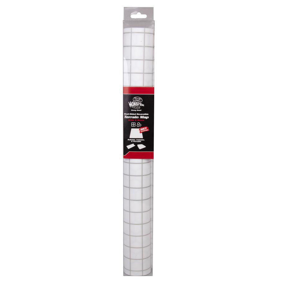 Rolled-up white silicone gaming mat in clear plastic packaging labeled for tabletop gaming.