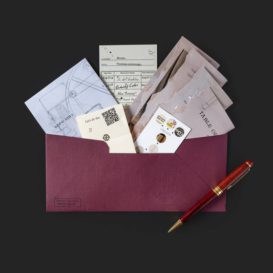 Family Secrets Series: Episode 5 - Lost Library set with red envelope, papers, cards, and red and gold pen.