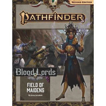 Pathfinder 2E Blood Lords Field of Maidens cover featuring a spellcasting woman and adventurers in battle.