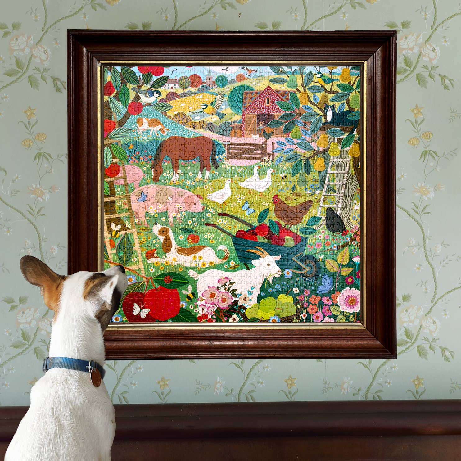 English Pastures 1000 Piece Puzzle featuring farm animals, with a dog shown and the box displayed against a patterned wall.