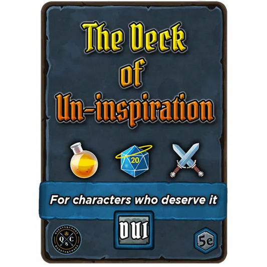 Deck of Un-Inspirations tabletop RPG cards featuring potion, dice, and sword icons for DM consequences.