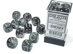 Twelve Borealis Light Smoke/Silver Luminary 12d6 dice with Chessex CHX 27778 container.