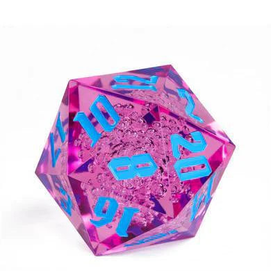 55mm Titan D20 Sharp Edge Purple Bubbles die, pink with blue numbers and purple bubbles, on a white background.