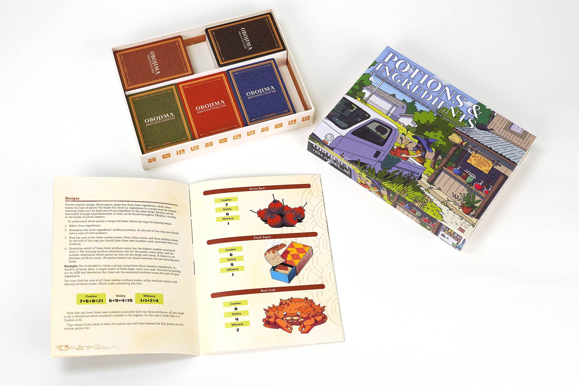 Obojima Potion & Ingredient Deck Box with potion brewing cards, ingredient references, and illustrated instructions.