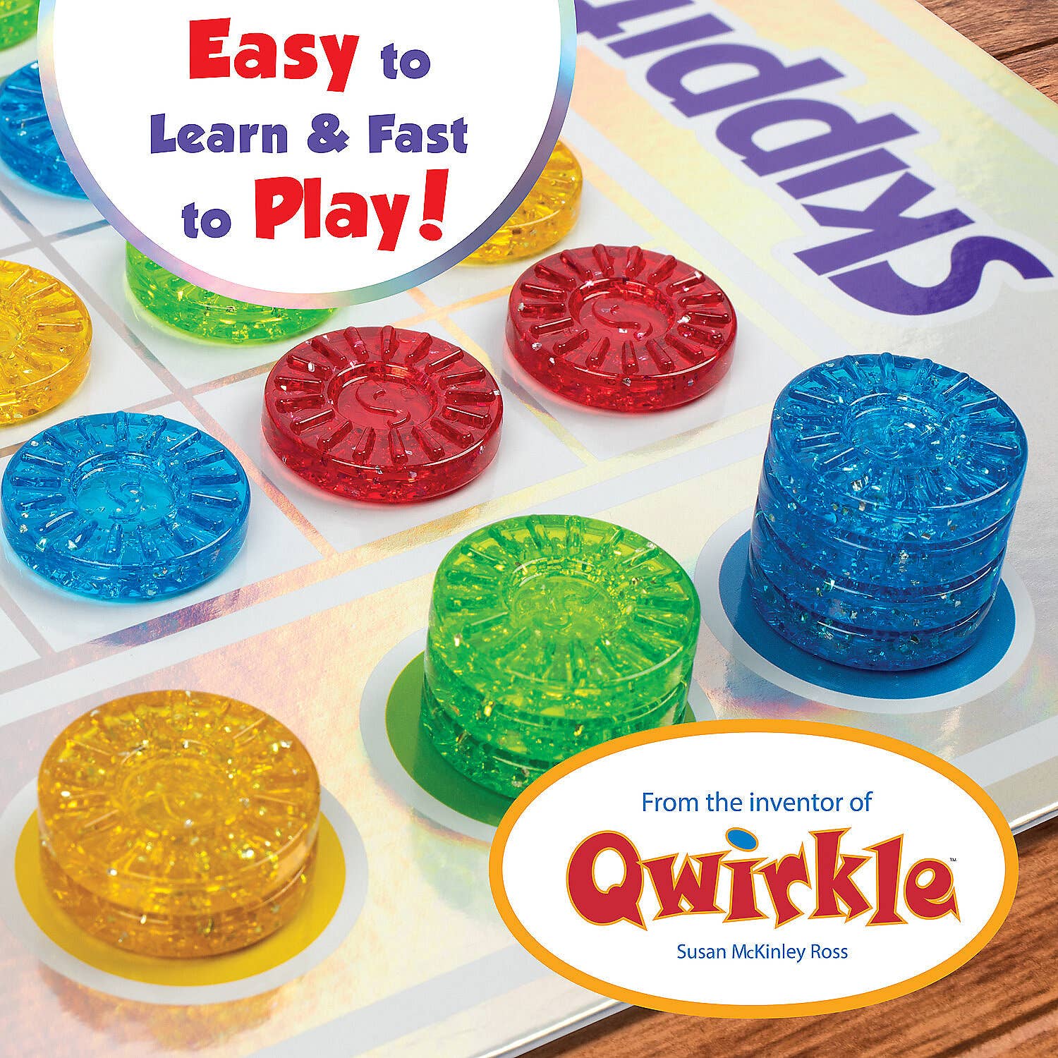 Skippity board game with colorful tokens on a grid, by the creator of Qwirkle.