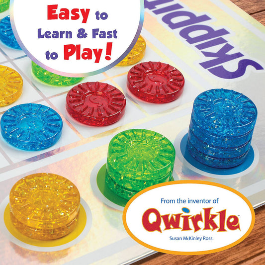 Skippity board game with colorful tokens on a grid, by the creator of Qwirkle.