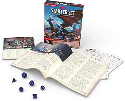 Dungeons & Dragons Starter Set - Stormwreck Isle with rulebook, adventure book, dice, and character sheets.