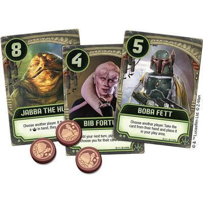 Jabba’s Palace: A Love Letter Game cards—Jabba the Hutt, Bib Fortuna, Boba Fett—with point tokens in front.