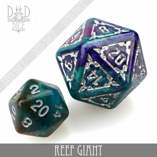 Two Reef Giant resin D20 dice, one large and one small, blue-purple-green with silver numbers.