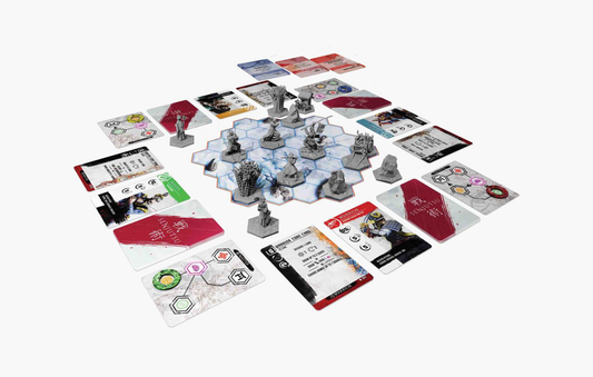 Senjutsu Battle for Japan samurai board game with cards, hex tiles, and miniatures arranged in a circle.
