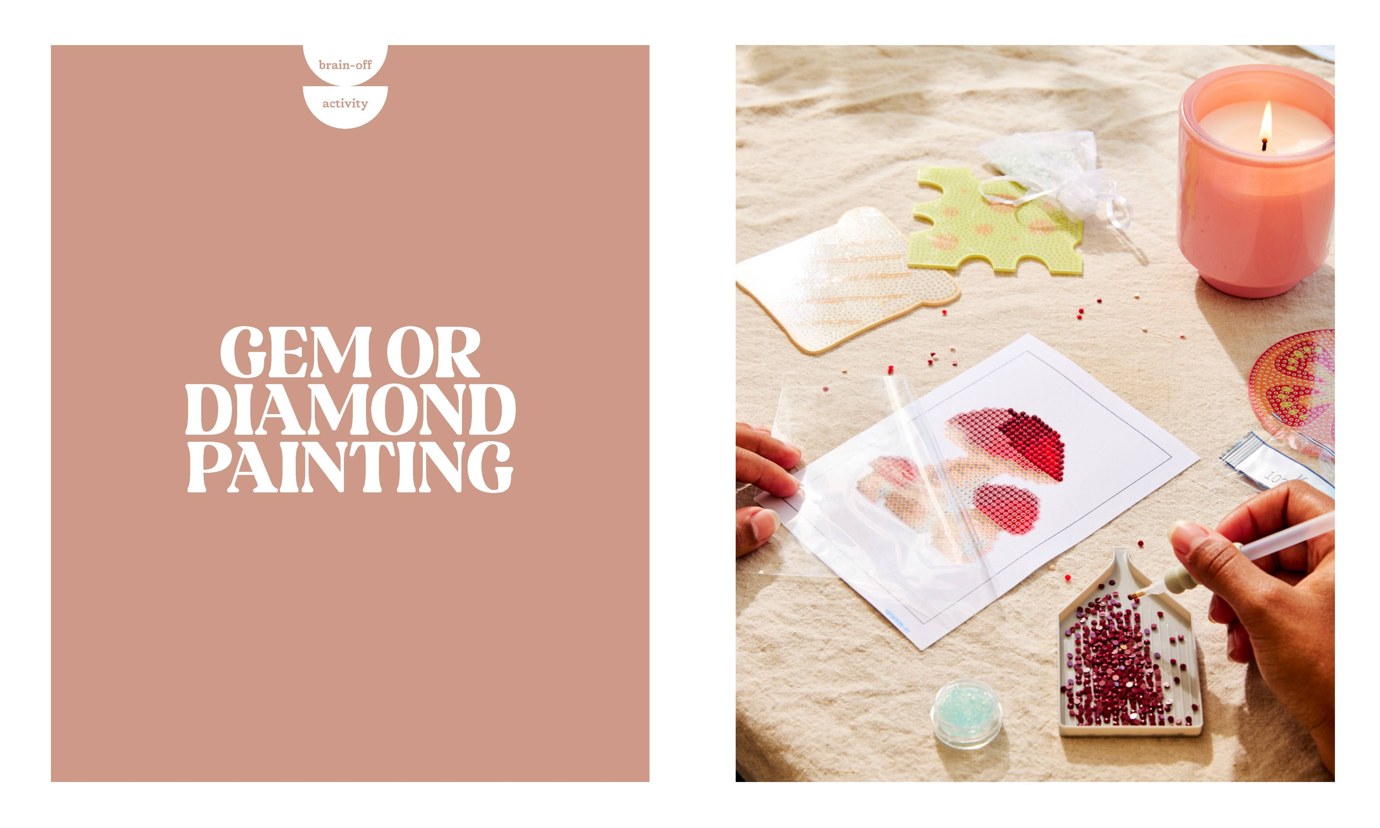 Hands placing red gems on a diamond art painting by Cozy Hobbies, Kennedy Rose variant.