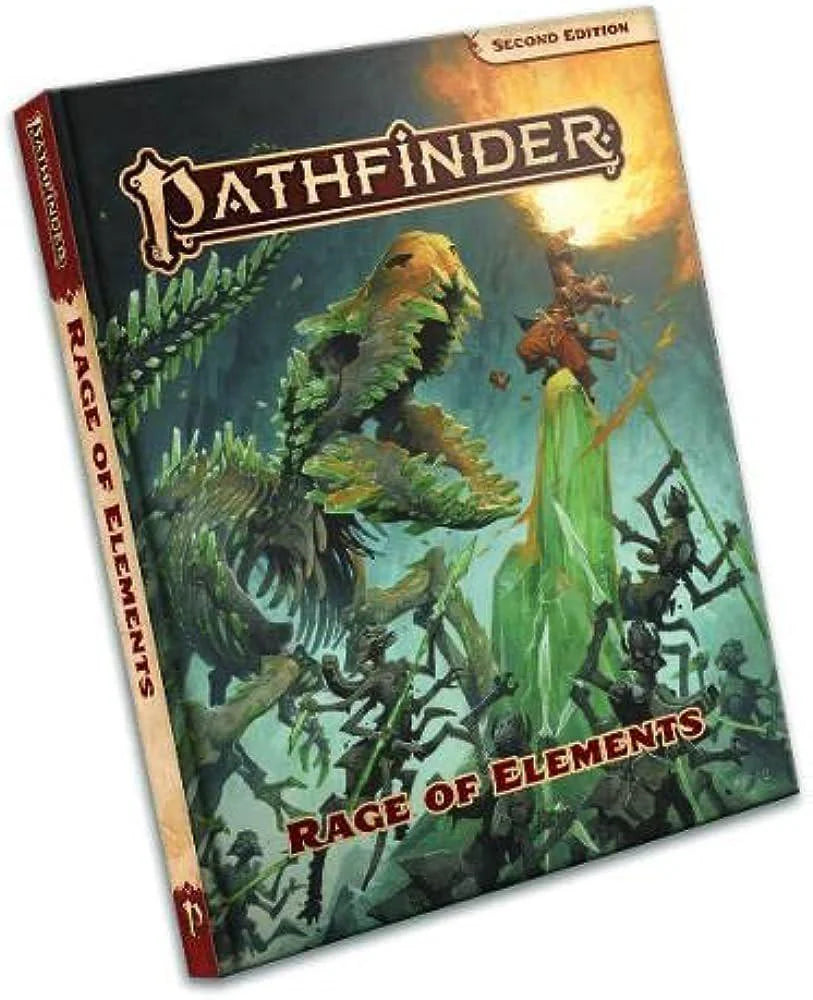 Pathfinder Rage of Elements cover featuring warriors and elemental spells fighting a giant dinosaur under a stormy sky.
